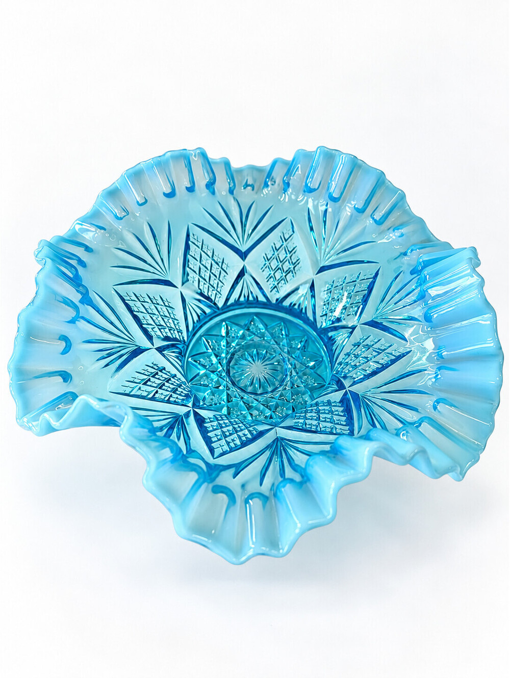 Vintage Aqua Blue Opalescent Glass Ruffled Bowl Starburst Diamond Pattern 9"
